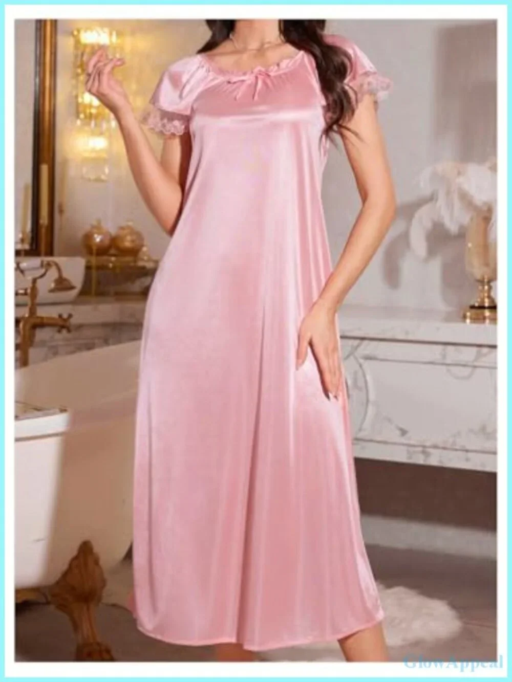 Satin Nightgown Midi Lounge Dress with Lace Trim
